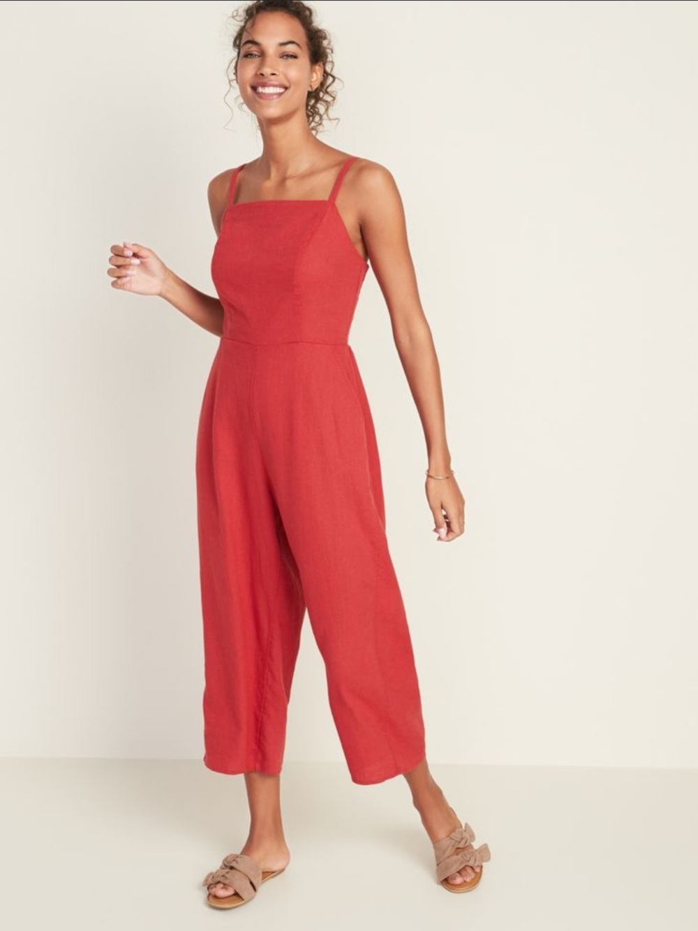 Old Navy Linen-Blend Cami Jumpsuit Sleeveless Square-Neck Wide-Leg Romper Sz L